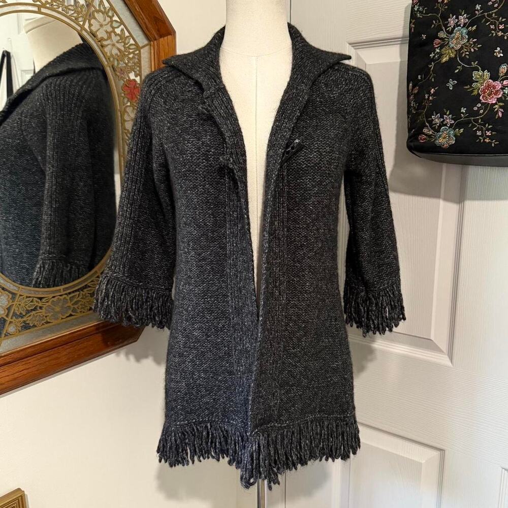 Y2K Marisa Christina Dark Charcoal Grey Fringe Trimmed Toggle Clasp Sweater S